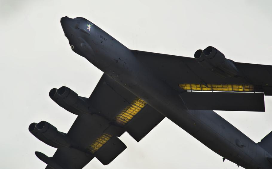 A B-52H Stratofortress takes off during a training exercise at Minot Air Force Base, N.D., on Nov. 3, 2013. Personnel from Barksdale AFB, La., also participated in the exercise.