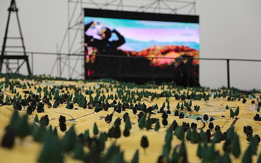 A large, complex terrain model depicts the Drawsko Pomorskie Training Area in Poland, where NATO staged one of its biggest military demonstrations in years before an audience that included the presidents of Poland and the Baltic states. Matt Millham/Stars and Stripes