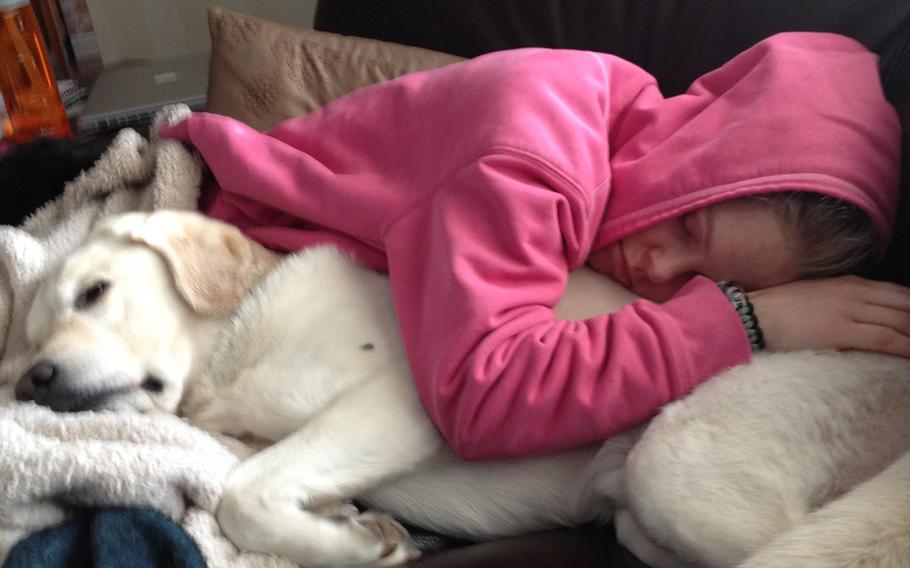 Alexis Courneen and her service dog, Sooner, relax at the family's home in Massachusetts. Courneen said dealing with the VA to get Sooner's surgeries paid for has been stressful and exhausting.