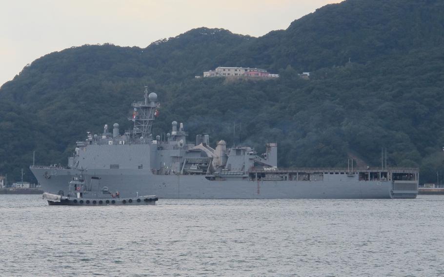 The USS Germantown departs Sasebo Naval Base in Japan on Nov. 14, 2103, for Okinawa to take on Marines and equipment before heading to the Philippines to assist in relief efforts. The Germantown and the USS Ashland are scheduled to arrive in the Philippines sometime next week. The Ashland left Sasebo on Thursday morning.