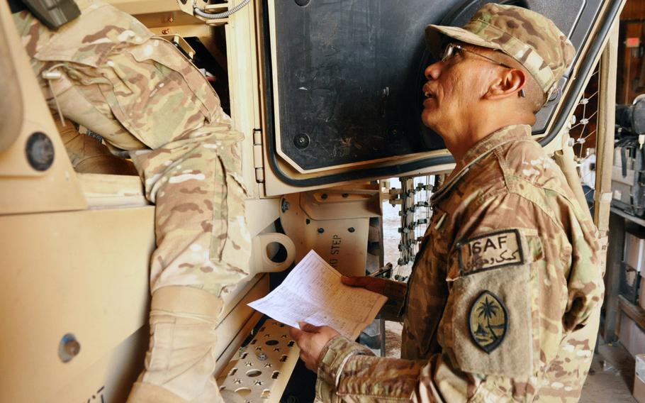 Sgt. 1st Class Patrick J. Flores Sr., the the platoon sergeant for Echo Company, 1st Battalion, 294th Infantry Regiment, Task Force Guam, works with his soldiers to prepare an MRAP vehicle for missions outside the wire. Task Force Guam has soldiers deployed in every regional command within Afghanistan.