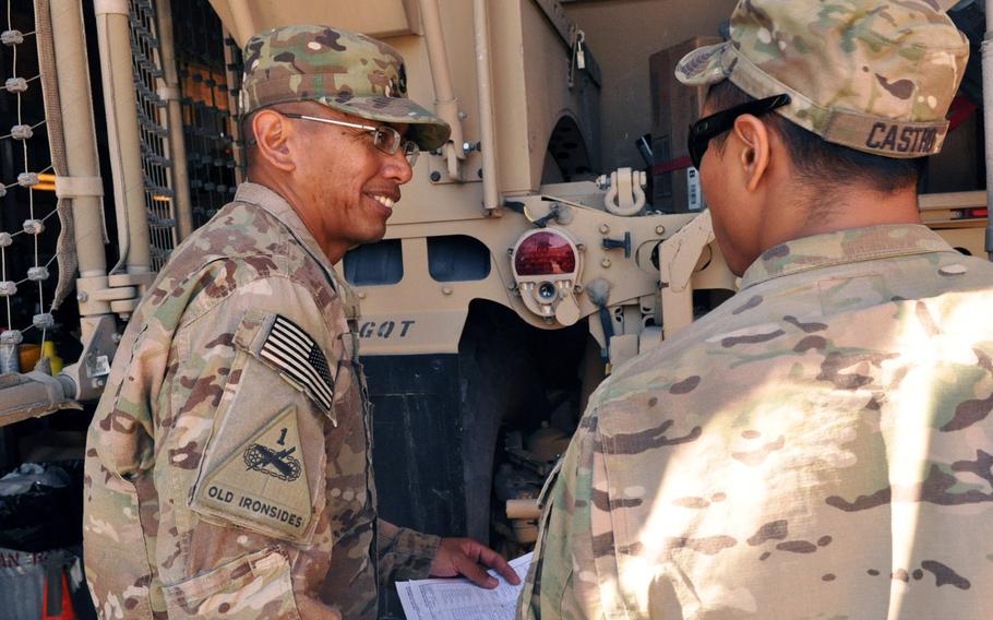 Sgt. 1st Class Patrick J. Flores Sr., left, the platoon sergeant for Echo Company, 1st Battalion, 294th Infantry Regiment, Task Force Guam, discusses maintenance issues with his soldiers at Camp Phoenix in Kabul. Flores Sr. is in charge of making sure all the vehicles are prepped and ready for any mission the troops might undertake outside the wire.