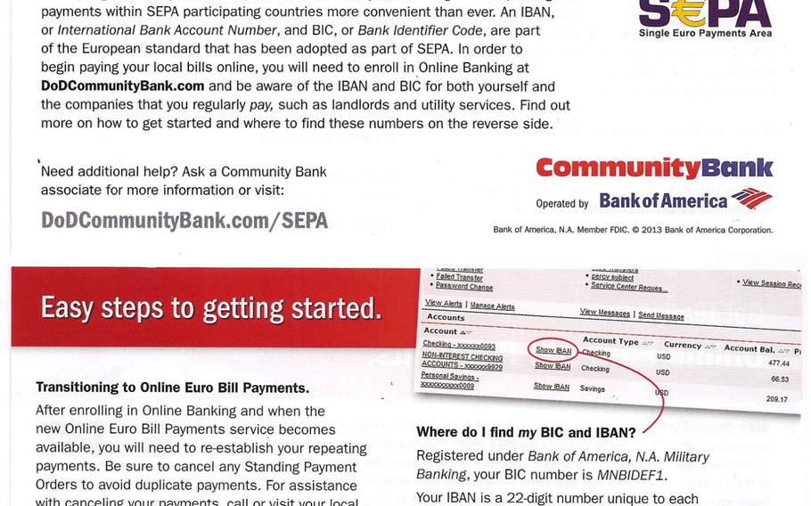 A Community Bank flier alerts customers to upcoming changes to bill payments related to new banking rules that go into effect Feb. 1, 2014, across the European Union.