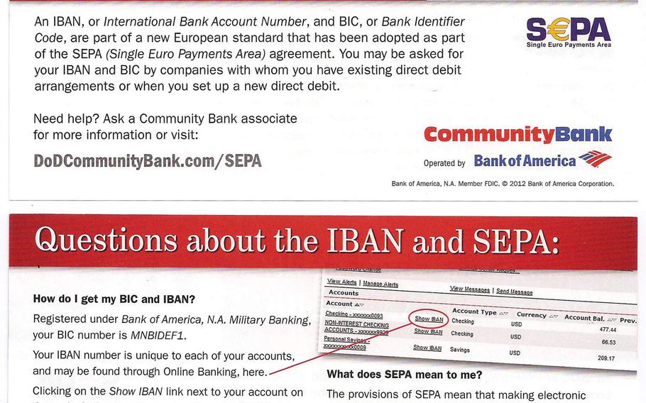 A Community Bank flier alerts customers to upcoming changes to bill payments related to new banking rules that go into effect Feb. 1, 2014, across the European Union. Matt Millham/Stars and Stripes