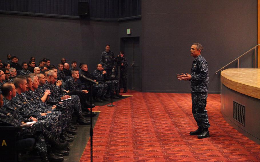 U.S. Pacific Fleet commander Adm. Harry B. Harris speaks to sailors at Yokosuka Naval Base, near Tokyo, Japan, on Nov. 19, 2013. Topics included budget cuts and relief efforts in the Philippines.