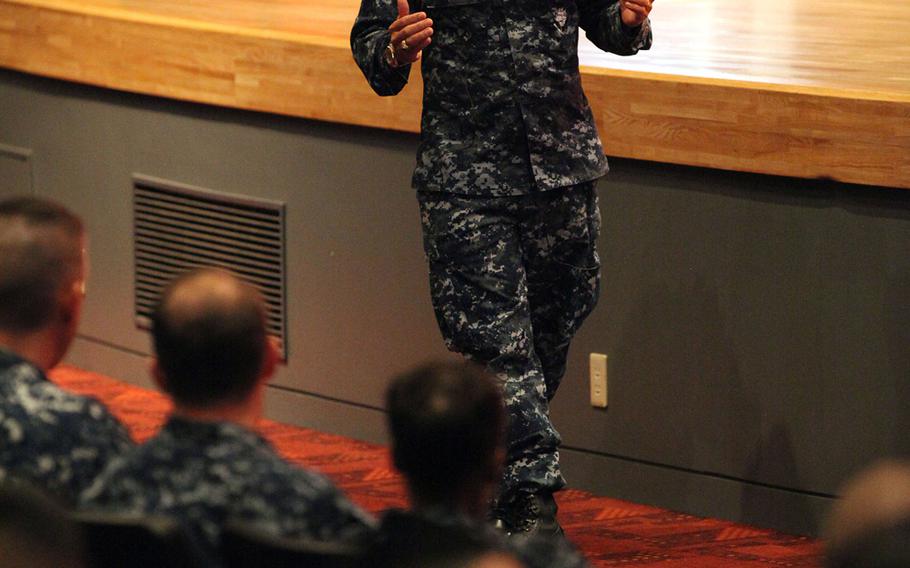U.S. Pacific Fleet commander Adm. Harry B. Harris speaks to sailors at Yokosuka Naval Base, near Tokyo, Japan, on Nov. 19, 2013. Topics included budget cuts and the relief effort in the Philippines. 
