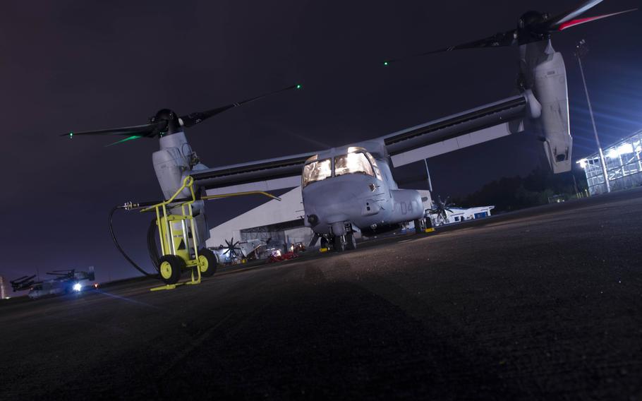 A V-22 Osprey waits at Clark Air Base, Philippines on Nov. 18, 2013, after a 12-hour mission delivering supplies to victims of Super Typhoon Haiyan.