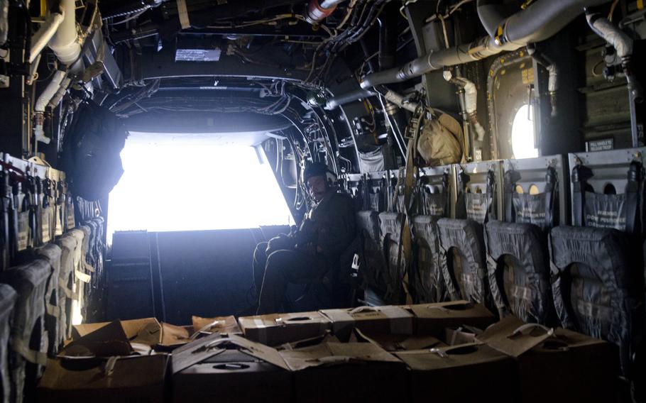 A U.S. Marine Corps V-22 Osprey delivers relief supplies to victims of Super Typhoon Haiyan Nov. 18, 2013.