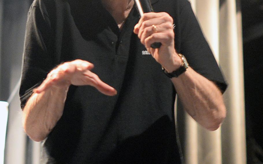 Stephen King, American author of contemporary horror, suspense, science fiction and fantasy, shared funny stories about his life with military personnel and their families Monday, Nov. 18, 2013, at Ramstein Air Base, Germany. King stopped at Ramstein as part of his first USO tour while visiting Europe to promote his new novel, "Doctor Sleep."