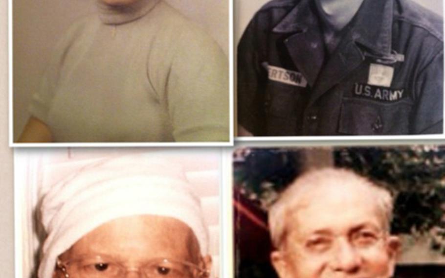 Army Sgt. 1st Class John Hartley Robertson, upper right-hand corner, as compared with the man in Vietnam who claims to be him, Dang Tan Ngoc, lower right, and photos of one of Robertson's sisters, left.