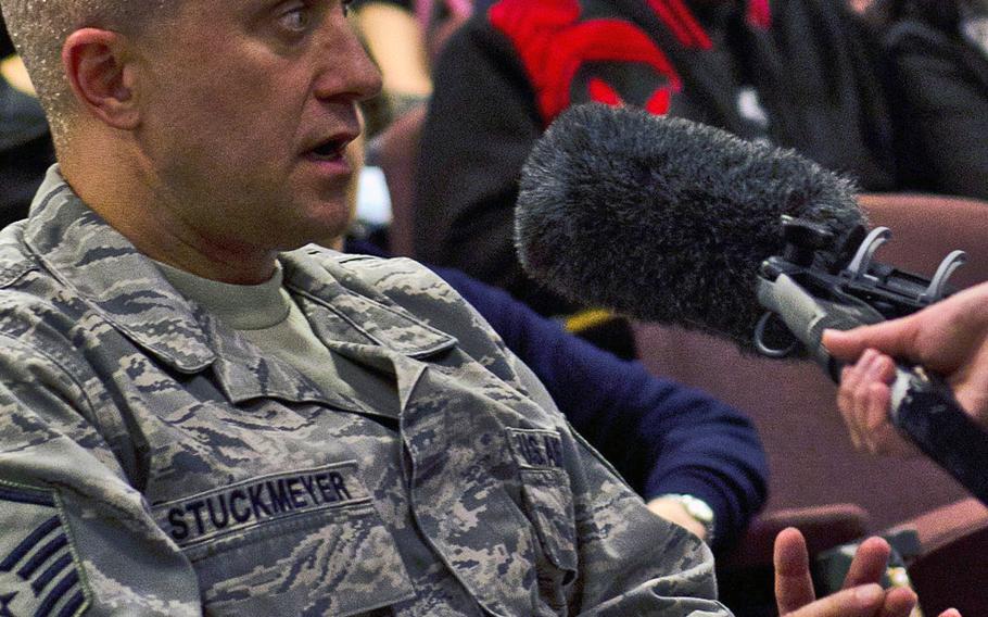 Master Sgt. William Stuckmeyer, dining hall manager, spoke during a recording of the radio show," The Kitchen Cabinet," about what food he noticed could not be found in England: catfish. The show was recorded Tuesday, Nov. 19, 2013, at RAF Lakenheath, England.