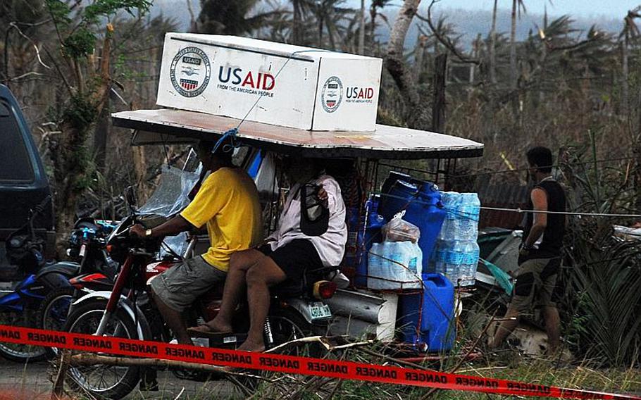 U.S. relief supplies are easy to spot in typhoon-hit areas of the Philippines.