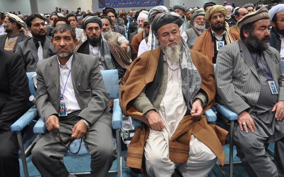 Delegates to the Loya Jirga, a gathering of Afghan leaders, discuss a proposed security agreement with the U.S. that would keep a residual military training and assistance force in Afghanistan past the end of 2014. The jirga approved the pact, which goes to parliament for approval and must ultimately be signed by Hamid Karzai, who has endorsed it. Heath Druzin/Stars and Stripes