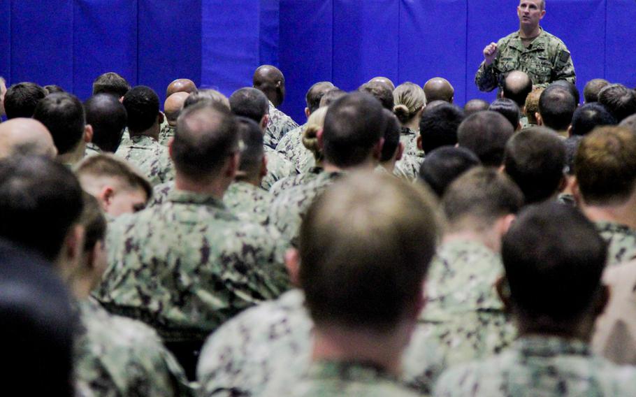 Adm. Jonathan Greenert, chief of naval operations, speaks to about 1,500 U.S. personnel at an all-hands call at Naval Support Activity Bahrain on Wednesday Nov. 27, 2013.