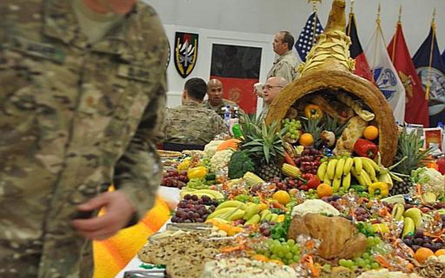 The Army's logistics workers also made sure units were well stocked with decorations, although Chief Warrant Officer II Joshua Johnston, a theater food advisor, said some bases were asked to hold onto their holiday decorations from last year and re-use them. 