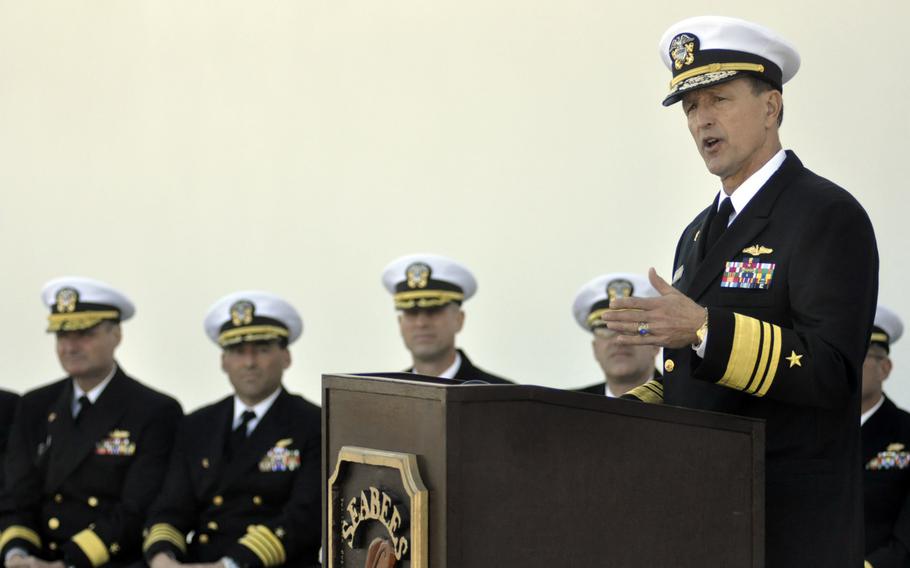 Vice Adm. William Hunter Hilarides, commander of Naval Sea Systems Command, speaks during the opening of a maintenance detachment at Naval Station Rota, Spain, Tuesday, Dec. 10, 2013.