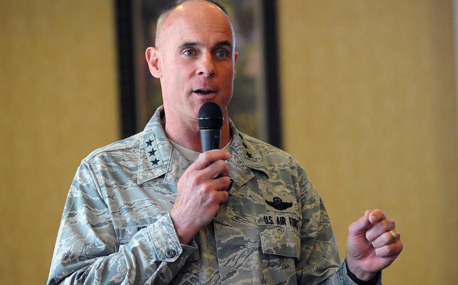 Lt. Gen. Craig Franklin, commander of the Kaiserslautern Military Community and 3rd Air Force, at a town hall meeting in Kaiserslautern, Germany, June 1, 2012.