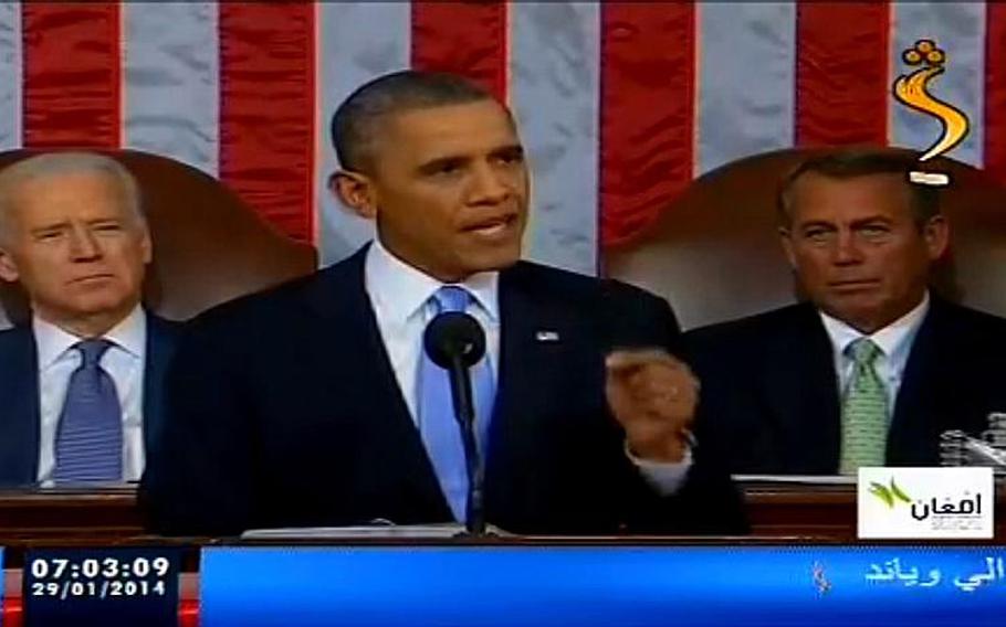 A screen grab taken from a broadcast by the Afghanistan television station Shamshad shows President Barack Obama giving his State of the Union speech. Many Afghan TV stations aired the speech in full.