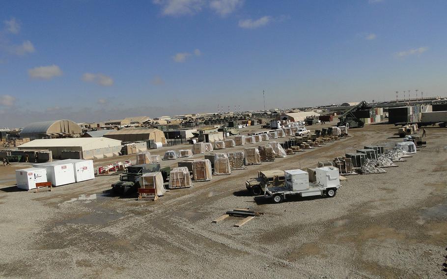 Gear collected from units leaving Afghanistan is staged on a Redeployment and Retrograde in Support of Reset and Reconstitution Operations Group lot at Camp Leatherneck in preparation for transport back to the United States.