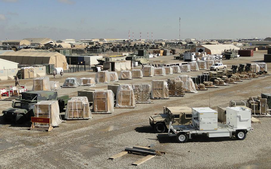 Gear collected from units leaving Afghanistan is staged on a Redeployment and Retrograde in Support of Reset and Reconstitution Operations Group lot at Camp Leatherneck in preparation for transport back to the United States.