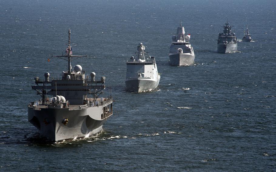 The USS Mount Whitney leads a formation during exercise Baltic Operations (BALTOPS) in June, 2013. The U.S. is crafting plans to deploy rotational ground troops and naval forces into the Baltics as part of an effort to reassure allies shaken by Russia's intervention in nearby Ukraine.