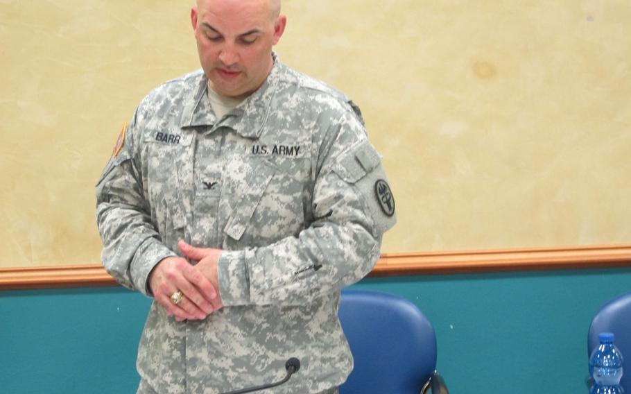 Col. Andrew Barr, commander of the Vicenza garrison's health center said at a meeting on Wednesday, April 2, 2014, he had no choice but to abruptly reduce civilians' access to health care at the center. 
