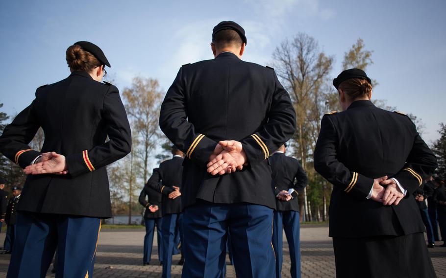Soldiers of the 21st Theater Sustainment Command's Special Troops Battalion in Kaiserslautern, Germany, stand in formation during an in-ranks uniform inspection Thursday, April 3, 2014, at Panzer Kaserne.