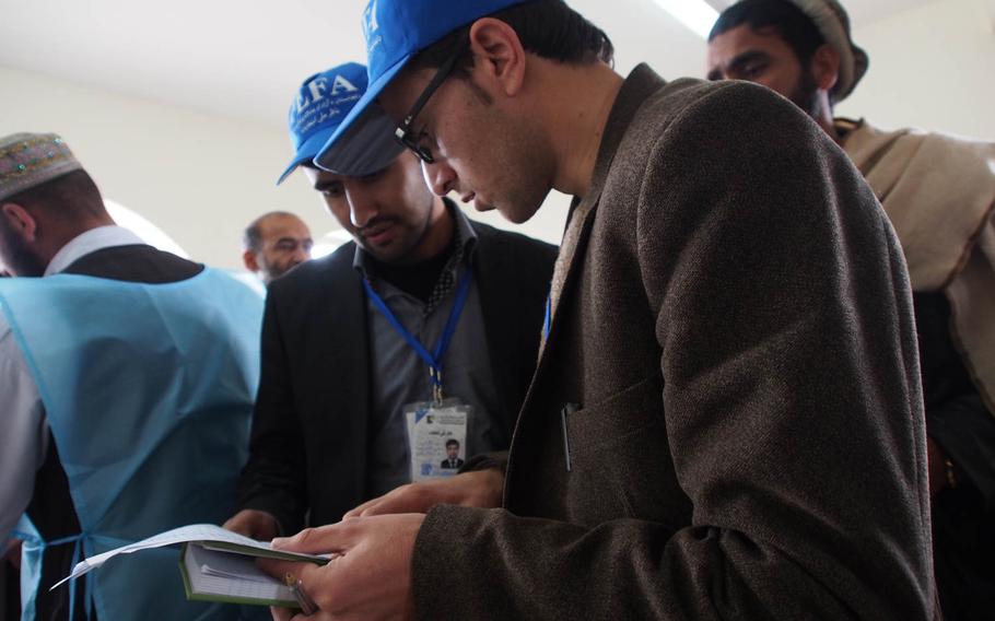 Staffers with the Free and Fair Election Foundation of Afghanistan search for their observers at a polling station in Pul-e Charki, an area on the outskirts of Kabul that saw massive fraud in the 2009 presidential elections. FEFA, Afghanistan?s leading domestic election observer group, was monitoring the presidential election Saturday, April 5, 2014.
