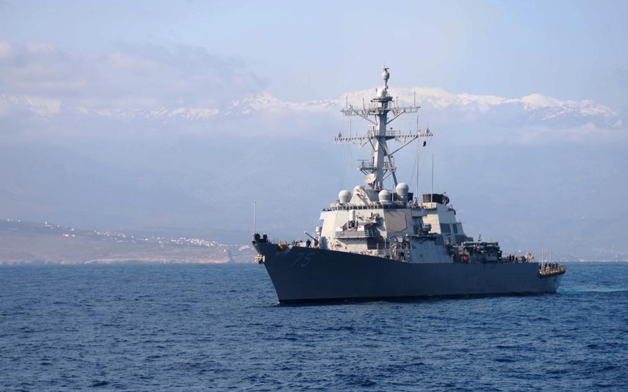 The guided missile destroyer USS Donald Cook conducts operations in the Mediterranean Sea March 31, 2014. It's the third warship headed to the Black Sea in three months amid tensions over Russia's annexation of Ukraine's Crimea Peninsula.