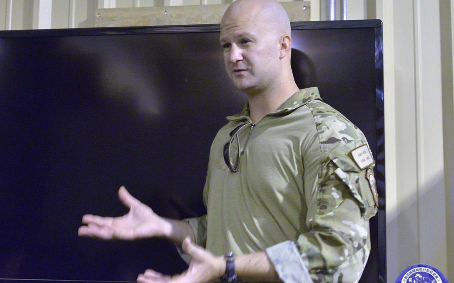 Capt. Keegan Owens, a combat rescue officer with the 82nd Expeditionary Rescue Squadron at Camp Lemonnier, Djibouti, talks about the pararescue mission, Thursday, April 3, 2014.