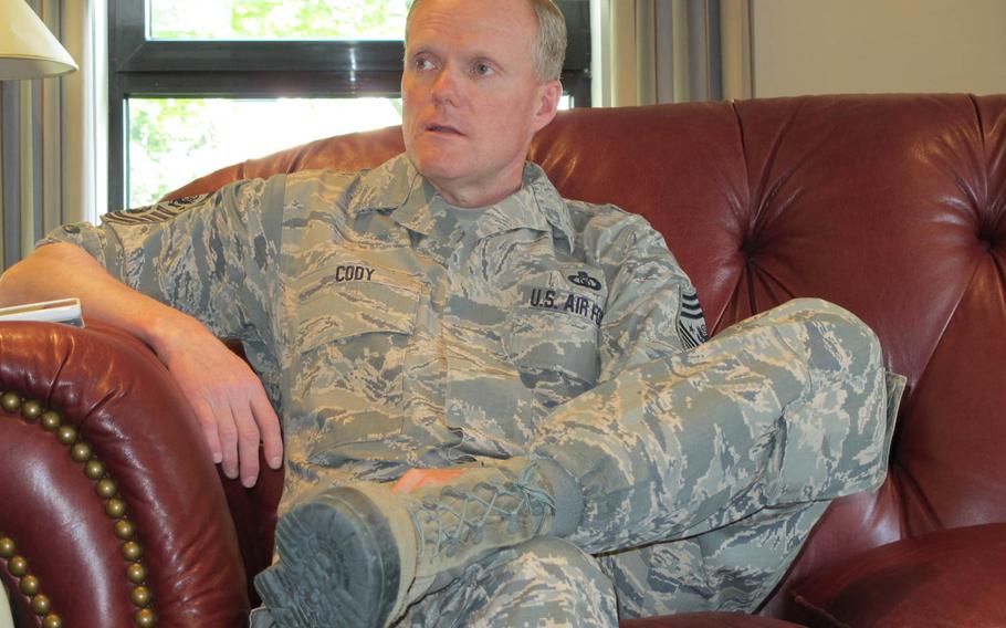 Chief Master Sgt. of the Air Force James A. Cody talked about the capabilities of the Afghan air force after arriving on Thursday April 18, 2014, at Ramstein Air Base from a trip to Afghanistan.