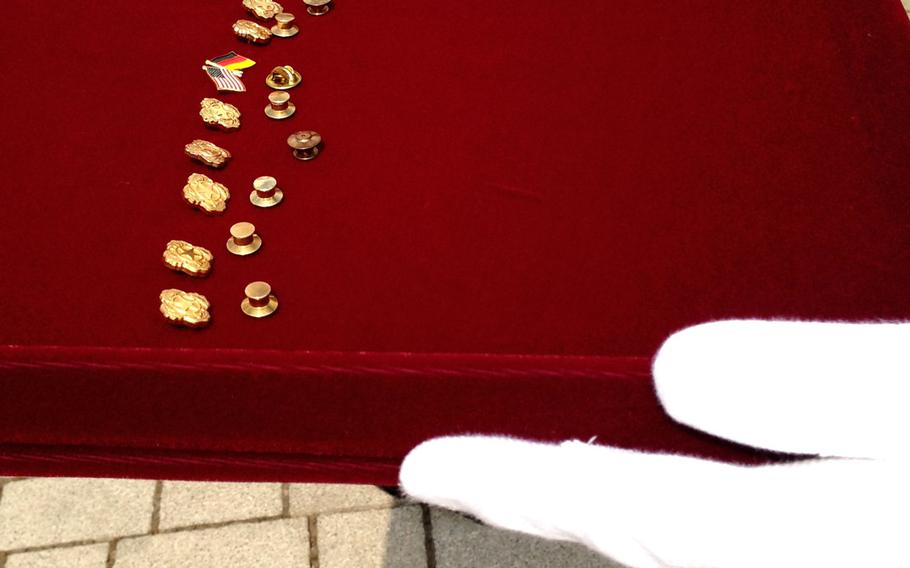 Gold Star pins are ready for presentation at the Gold Star and Survivor Recognition Day ceremony on Clay Kaserne in Wiesbaden, Germany, Tuesday, April 22, 2014.