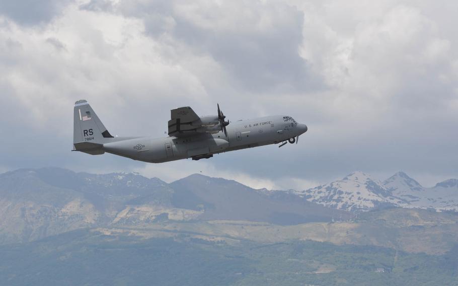 The second of two C-130 cargo planes from Ramstein Air Base, loaded with servicemembers from the 173rd Infantry Brigade Combat Team based in Vicenza, Italy, departs Aviano Air Base, Italy for Poland on Wednesday, April 23, 2014.