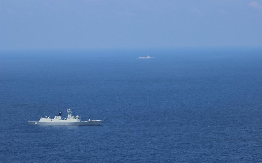 A Chinese navy vessel is seen from an MH-60 helicopter assigned to USS Blue Ridge as the U.S. Navy conducts flight operations in support of maritime security operations in the South China Sea.