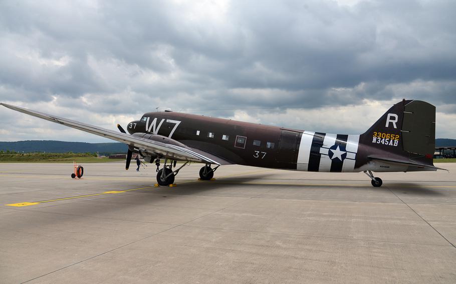 Except for the large serial numbers needed to fly over today's Europe, the markings on Whiskey 7, a vintage C-47, are like the ones used when it flew on D-Day, carrying paratroops of the 82nd Airborne Brigade. The plane flew from the United States to Europe and made a stop at Ramstein Air Base, on its way to Normandy for the 70th anniversary commemorations of the D-Day invasion.