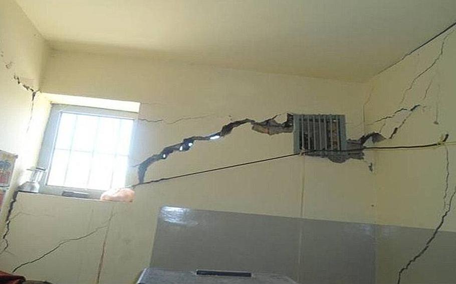 An interior view of damage to Building 17 at Baghlan prison, which was subsequently demolished due to safety concerns. The prison was funded by a U.S. contract but is now falling apart, according to a Pentagon watchdog.