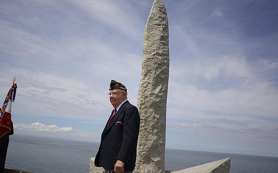 Ray Tollefson, 88, poses for a photograph on Saturday, June 7, 2014, at the Ranger Regiment Memorial prior to the 70th anniversary D-Day commemoration marking the Rangers' achievements at Pointe du Hoc, France. Tollefson was 18 years old when he landed on Omaha Beach with the 2nd Battalion, Ranger Regiment on June 6, 1944. 
