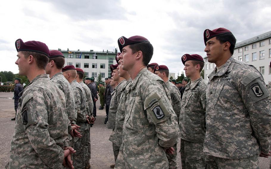Paratroops assigned to Company B, 1st Battalion, 503rd Infantry Regiment, 173rd Airborne Brigade, participate in a closing ceremony for Saber Strike 2014 in Rukla, Lithuania, June 18, 2014. Saber Strike is a long-standing, multilateral, multifaceted, U.S. Army Europe-led security cooperation exercise primarily focused on the three Baltic States. The exercise spans multiple locations in Lithuania, Latvia and Estonia and involves approximately 4,500 personnel from 10 countries.