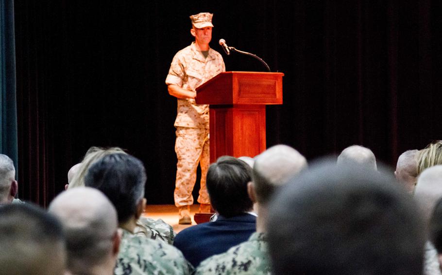 Marine Brig. Gen. Carl Mundy III delivers remarks on Sunday, Sept. 14, 2014, after assuming command of Commander, Task Force 51, which oversees the amphibious forces operating in the U.S. 5th Fleet area of responsibility.