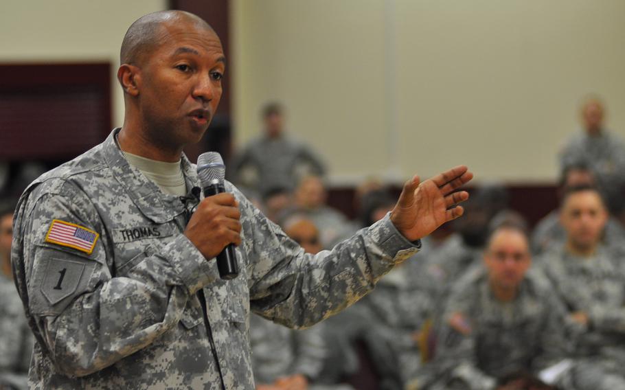 Command Sgt. Maj. Luther Thomas Jr., the command sergeant major of the Army Reserve and United States Army Reserve Command, spoke to reservists with the 7th Civil Support Command at a town hall Saturday, Dec. 6, 2014, at the command's headquarters on Daenner Kaserne in Kaiserslautern, Germany.