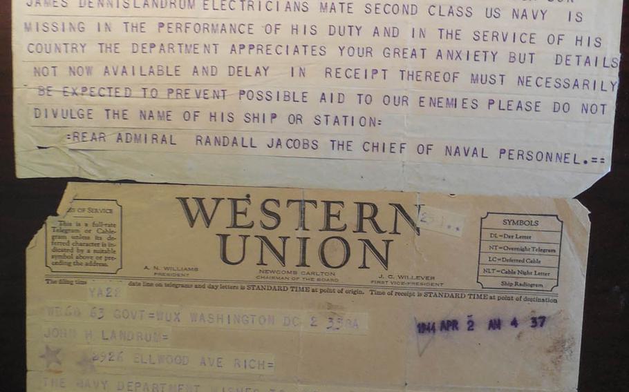 The telegram informing Petty Officer 1st Class Denny Landrum's family that he had gone missing during World War II.