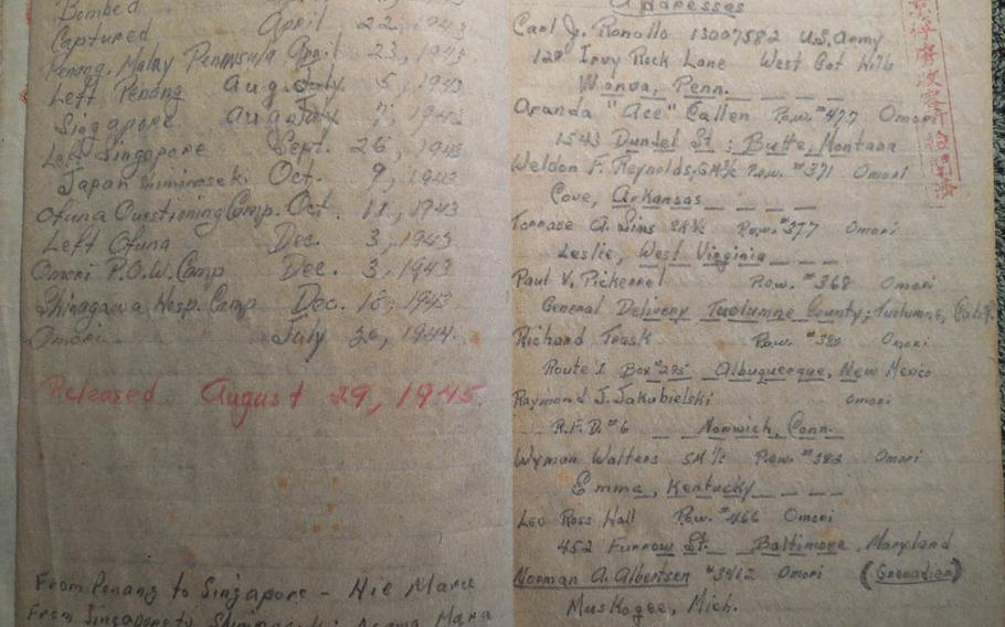 Petty Officer 1st Class Denny Landrum's wartime diary survived the war and offers insight into his captivity in Japan's hellish Omori Prison Camp. The camp was recently featured in the Hollywood blockbuster "Unbroken," which was directed by Angelina Jolie. Here we see destinations and dates on the lefthand side and names and addresses of fellow prisoners on the right.