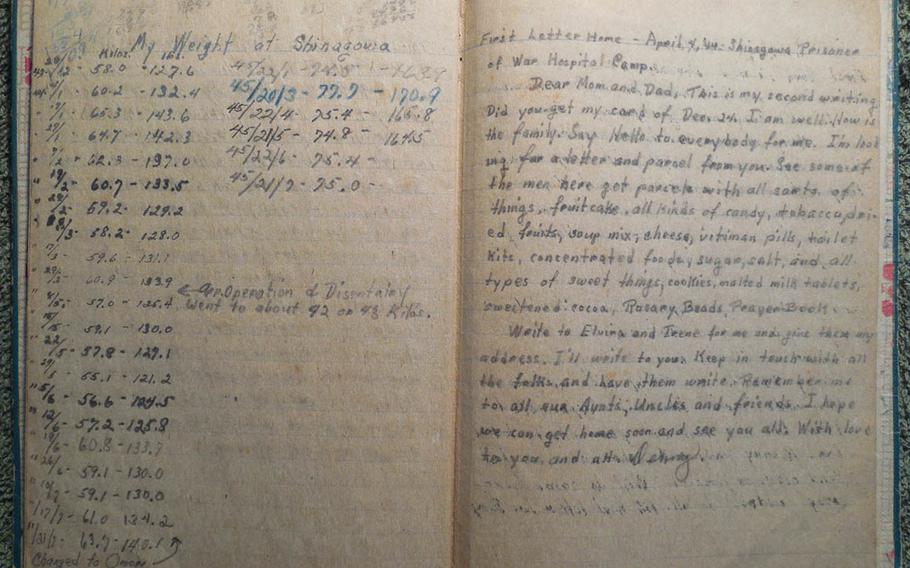 Petty Officer 1st Class Denny Landrum's wartime diary survived the war and offers insight into his captivity in Japan's hellish Omori Prison Camp. The camp was recently featured in the Hollywood blockbuster "Unbroken," which was directed by Angelina Jolie. Here we see a chart of Landrum's weight and a letter home.