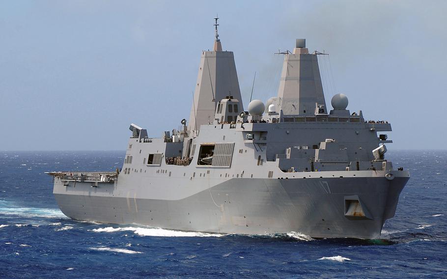 The amphibious transport dock ship USS San Antonio transits the Atlantic Ocean. The Navy is seeking $550 million for the funding balance of another San Antonio-class amphibious transport dock, the 12th ship in a line the Navy had planned to keep at 11, citing high costs and other priorities. The 26,000-ton vessel can carry roughly 800 Marines, their aircraft and landing craft for a variety of operations.