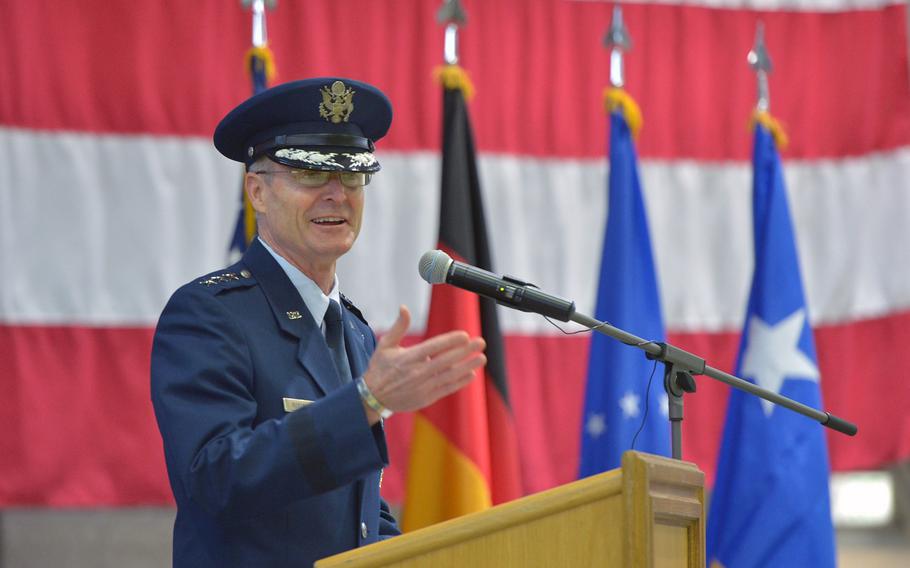 Third Air Force commander Lt. Gen. Darryl Roberson speaks at the 52nd Fighter Wing's assumption of command ceremony for Col. Joseph McFall at Spangdahlem Air Base, Germany, Thursday, Feb. 5, 2015.