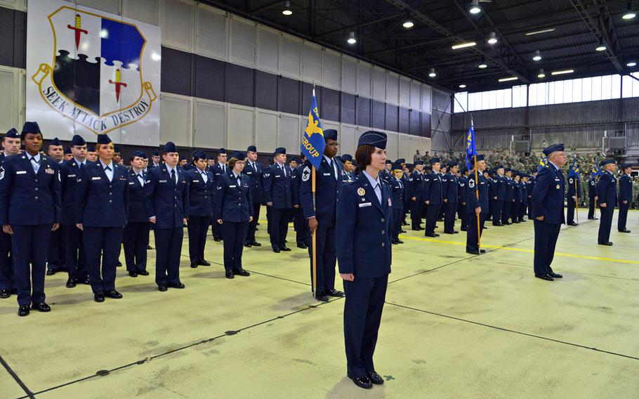 Airmen of the 52nd Fighter Wing stand in formation at the assumption of command ceremony for Col. Joseph McFall at Spangdahlem Air Base, Germany, Thursday, Feb. 5, 2015.