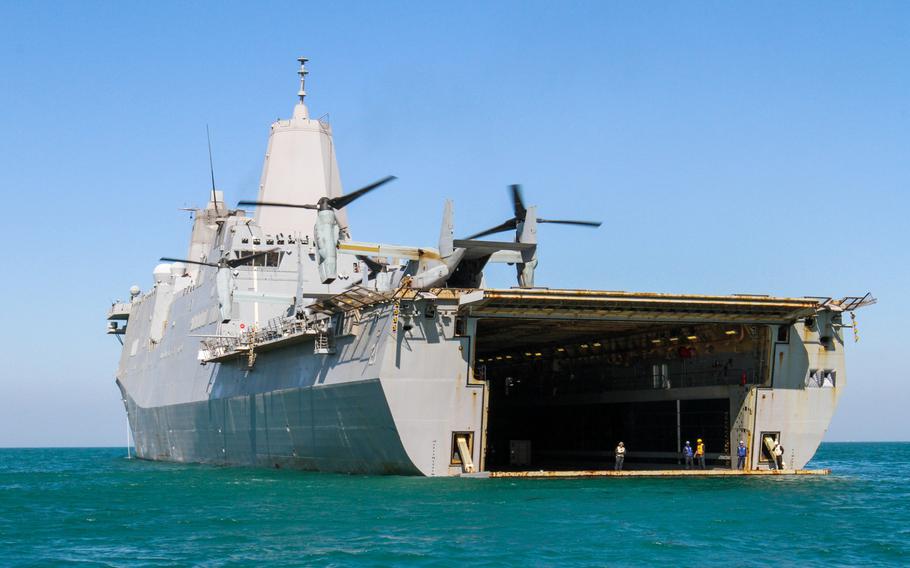 The amphibious transport dock ship USS New York shown positioned off the coast of Kuwait, Feb 27, 2015. 