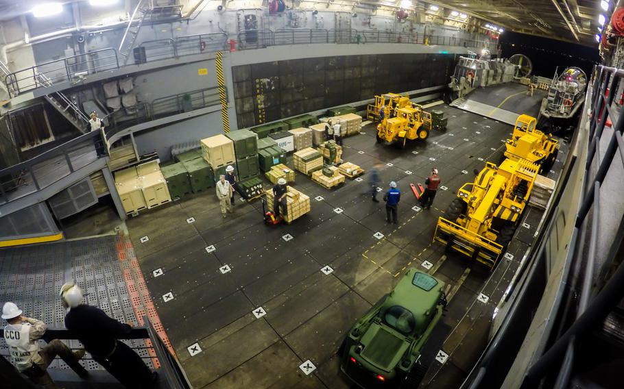The amphibious transport dock ship USS New York shown positioned off the coast of Kuwait, Feb 27, 2015. 