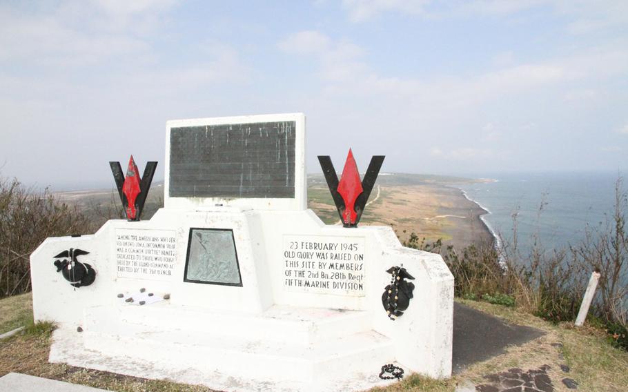 The site of the iconic Iwo Jima flag raising atop Mount Suribachi is marked today with a monument. As seen here on March 21, 2015 following the 70th anniversary ceremony commemorating the bloody World War II battle.
                