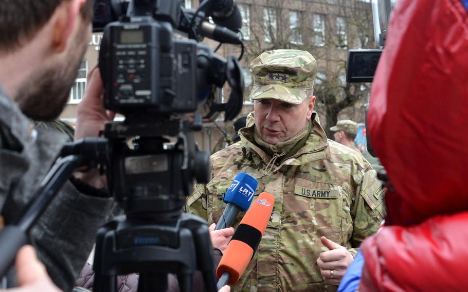 Lt. Gen. Ben Hodges, U.S. Army Europe commander, is interviewed by Lithuanian media in Panevezys, Lithuania, on Monday, March 23, 2015. Hodges rode into town on a Stryker that was part of 3rd Squadron, 2nd Cavalry Regiment's Dragoon Ride from Lithuania and Estonia to their home base in Vilseck, Germany.